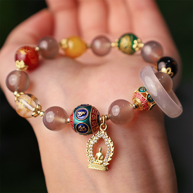 Natural Gray Agate Five Directions Gods of Wealth Om Mani Padme Hum Buddha Charm Bracelet