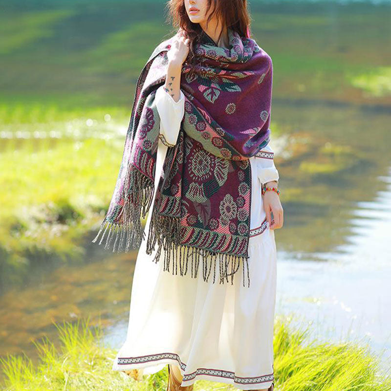 Tibetan Flower Floral Leaves Pattern Design Shawl Cozy Travel Scarf Wrap