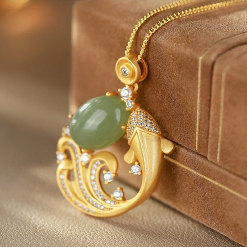 Cyan Jade Koi Fish Healing Calm Necklace Pendant
