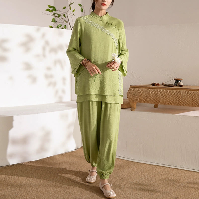 Cotton-Linen Frog-Button Meditation and Tai Chi Two-Piece Set