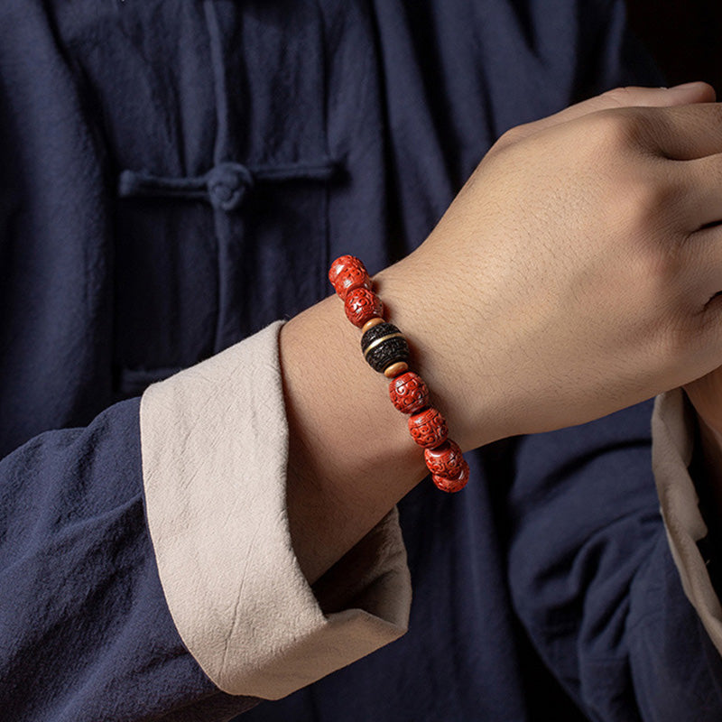 Natural Cinnabar & Ebony Wood Beaded Bracelet for Mindful Centering