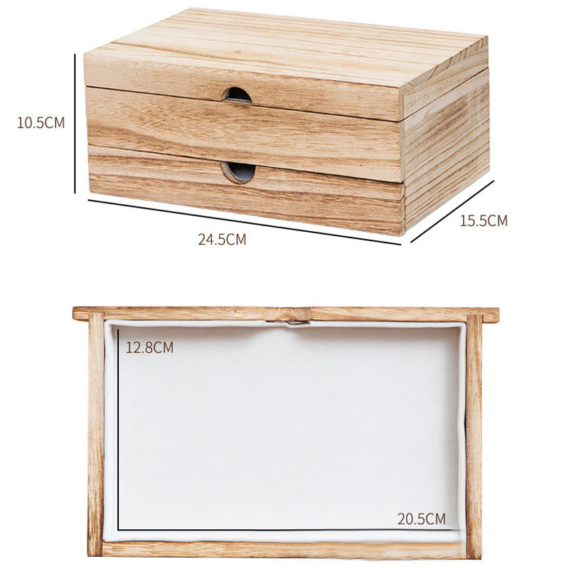 Retro Beige Paulownia Wood Two-Layer Jewelry Storage Box with Mirror