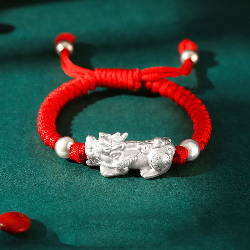 999 Sterling Silver Pixiu Red String Braided Vajra Knot Bracelet for Kids
