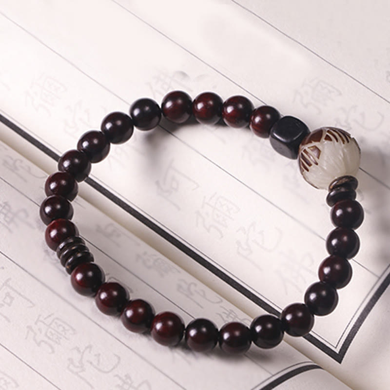 Carved Red Sandalwood and Lotus Bodhi Seed Double Wrap Bracelet