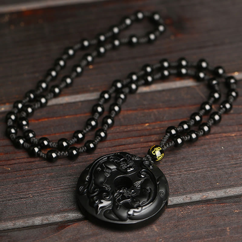 Natural Black Obsidian Peace Buckle Pixiu Bead Rope Strength Necklace Pendant