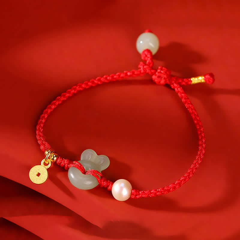 925 Sterling Silver Hetian Jade & Pearl Rabbit Chinese Coin Red String Bracelet
