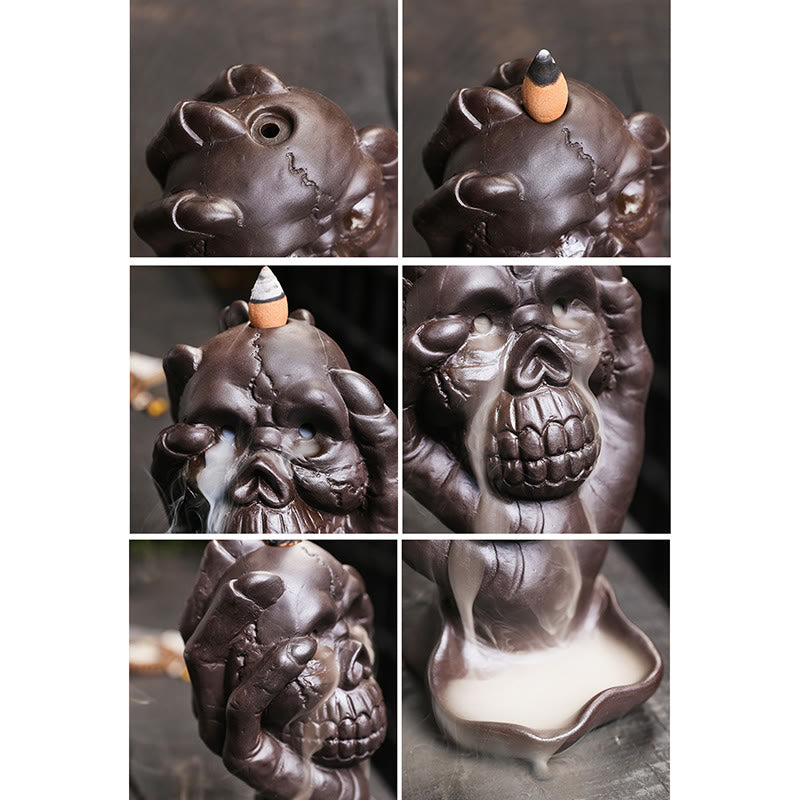 Gothic Skull and Ghost Hand Purple Clay Backflow Incense Burner