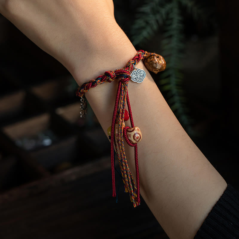 Tibetan Handmade Red String Bracelet with 925 Sterling Silver Koi Fish & Auspicious Clouds
