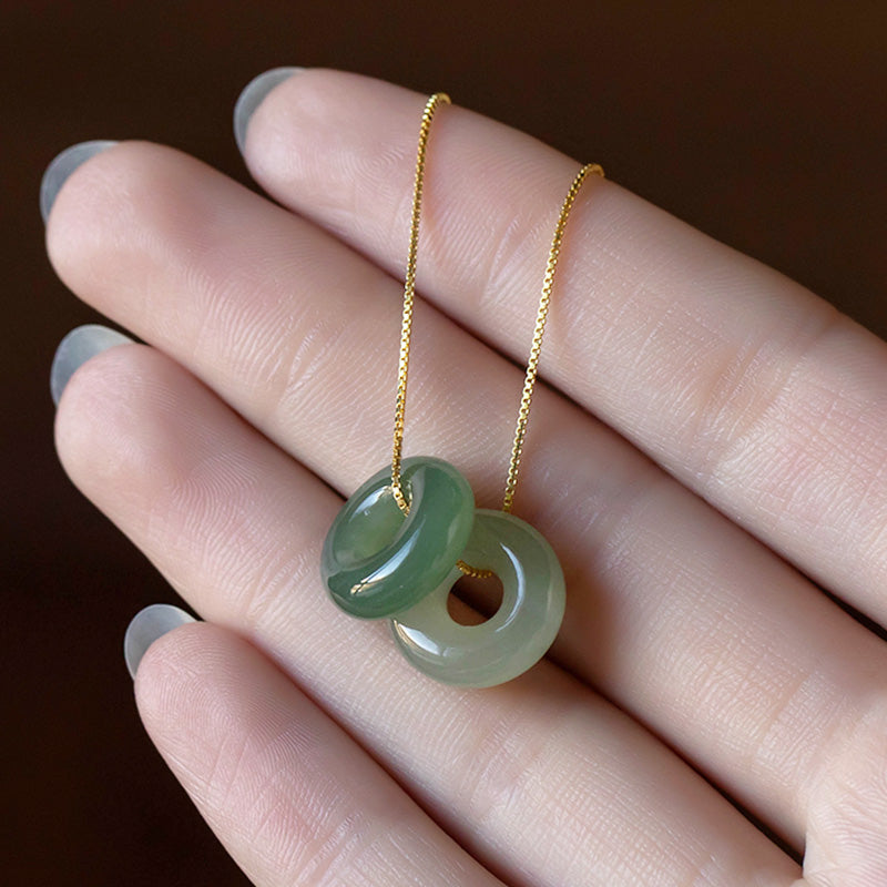 Natural Round Jade Ping An Kou 925 Sterling Silver Gold Plated Pendant Necklace