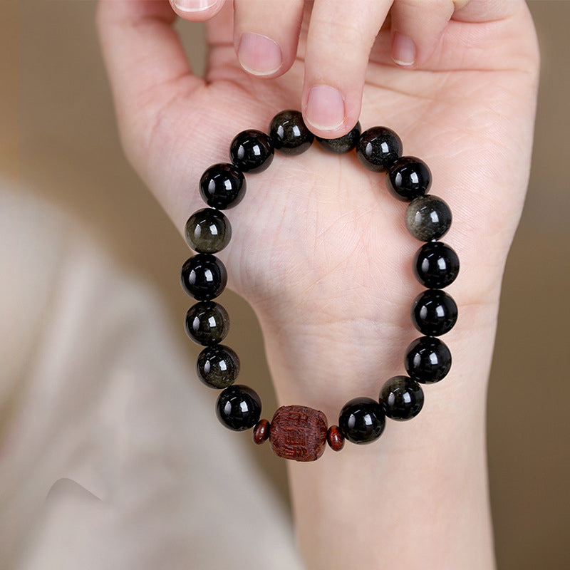 Natural Gold Sheen Obsidian Rainbow Obsidian Om Mani Padme Hum Fu Character Healing Bracelet