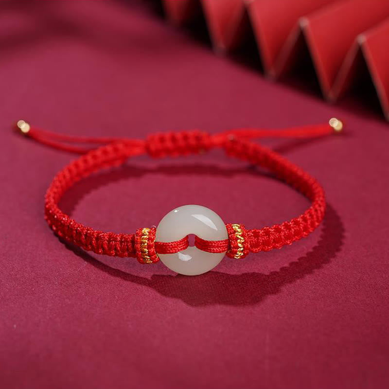 Hand-Braided Jade Ping An Kou Red String Adjustable Bracelet