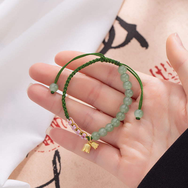 Handmade Jade Bead Lily of the Valley Charm Luck Braided Bracelet