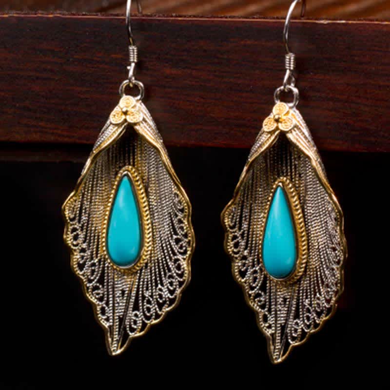 Bodhi Leaf Pattern 925 Sterling Silver Turquoise Dangle Drop Earrings