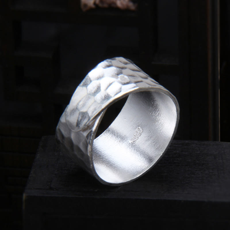 Tibetan 990 Sterling Silver Handmade Rustic Hammered Pattern Ring