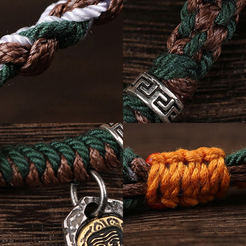 Handmade Tibetan Silver 925 Sterling Silver Zakiram Goddess of Wealth Camel Bone Protection Braided Bracelet