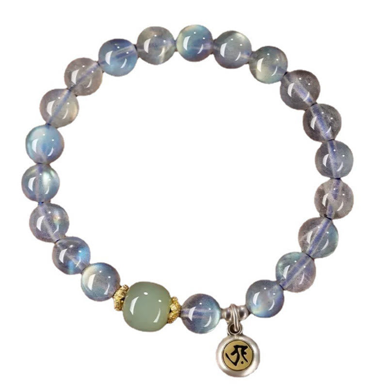 Chinese Zodiac Natal Buddha 925 Sterling Silver Natural Moonstone Hetian Jade Positive Bracelet