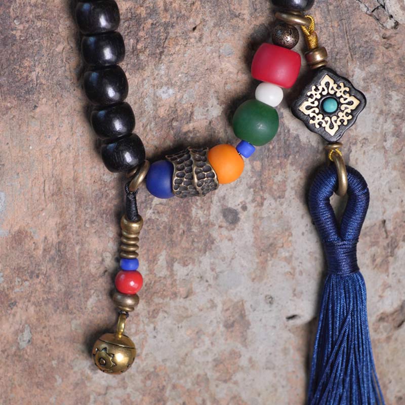 108 Beads Mala Ebony Wood Dzi Bead Copper Balance Tassel Bracelet