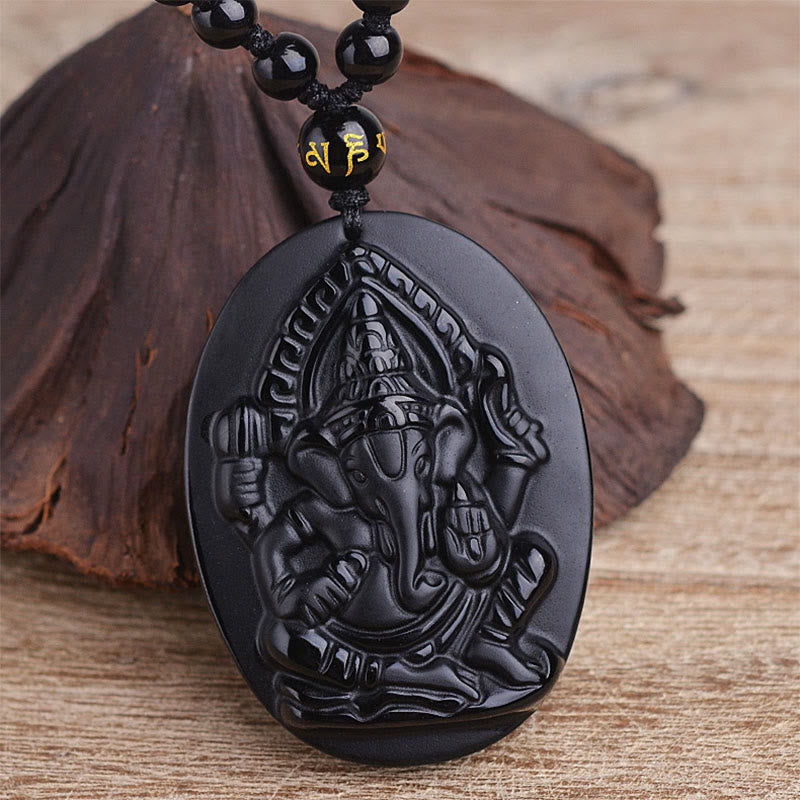 Tibetan Obsidian Ganesh Ganpati Elephant Wealth Amulet Necklace