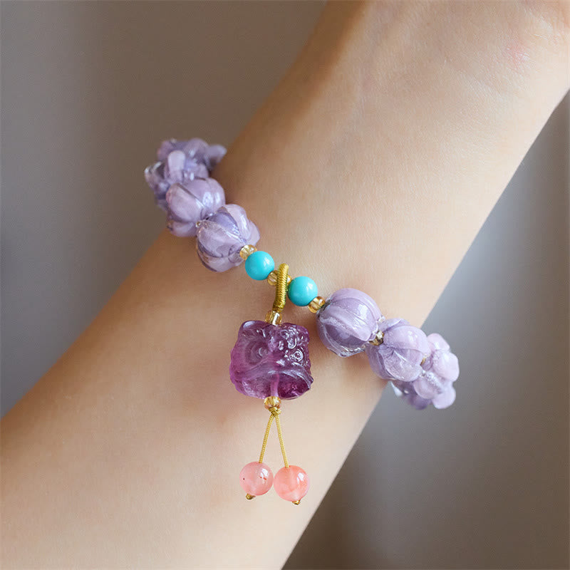 Guardian Lion & Lotus Charm Fluorite Liuli Glass Beaded Bracelet