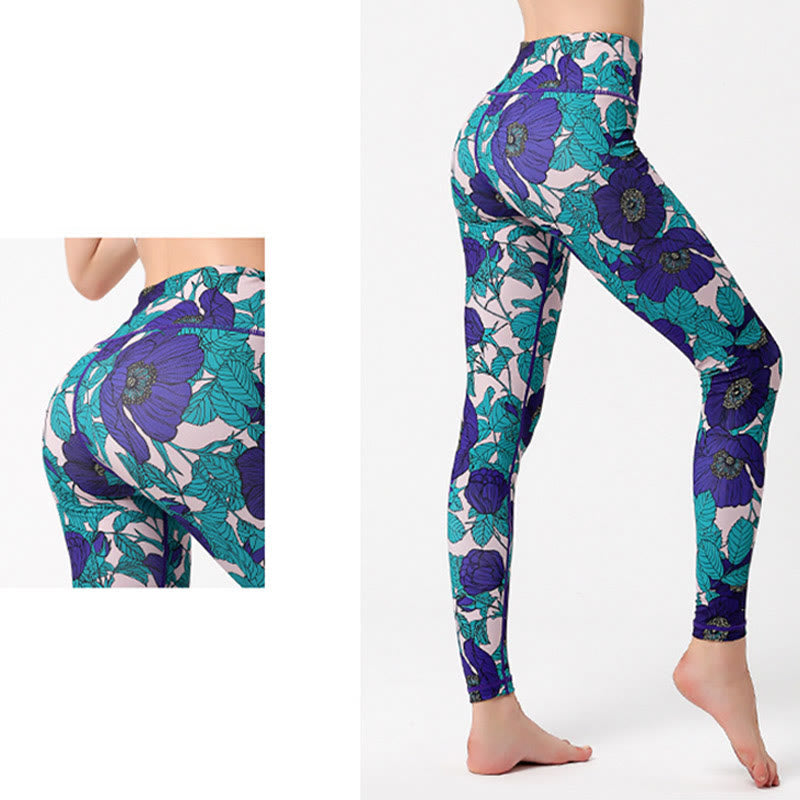 Colorful Flower Petal Leaves Print Sports Exercise Fitness High Waist Leggings Women's Yoga Pants