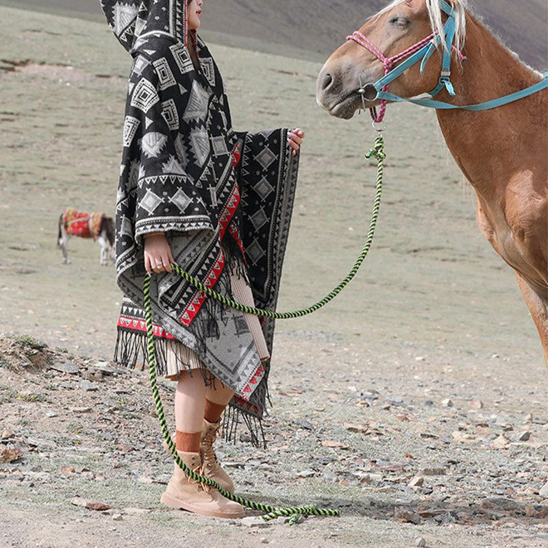 Tibetan Shawl Triangle Pattern Hooded Cloak Winter Cozy Travel Scarf Wrap