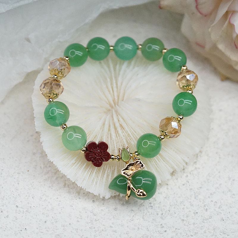 Natural Agate and Clear Quartz Beaded Bracelet with Cinnabar Flower and Wu Lou Gourd