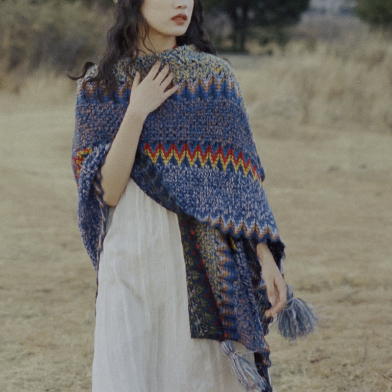 Tibetan Shawl Soft Warm Knitting Cloak Winter Tibetan Tassel Scarf