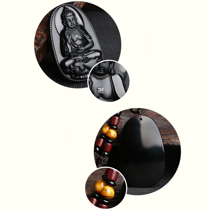 Chinese Zodiac Natal Buddha Natural Black Obsidian Purification Necklace Pendant