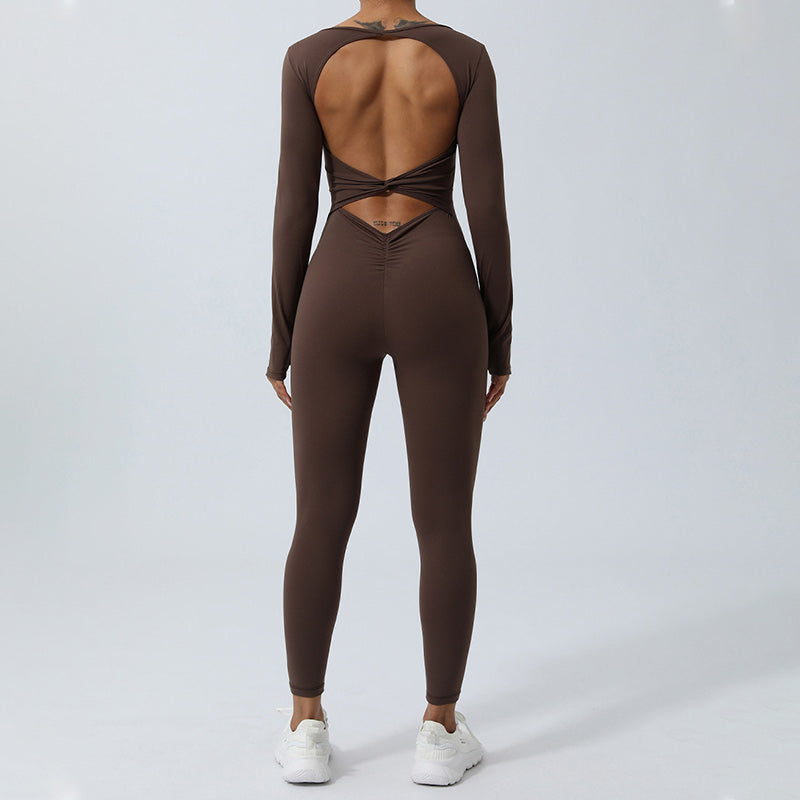 Women Long Sleeve Backless Jumpsuit Sports Fitness Yoga Bodysuit