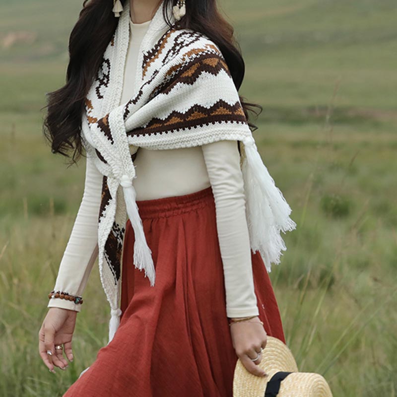 Tibetan Triangular Shawl Striped Tassels Winter Cozy Travel Scarf Wrap