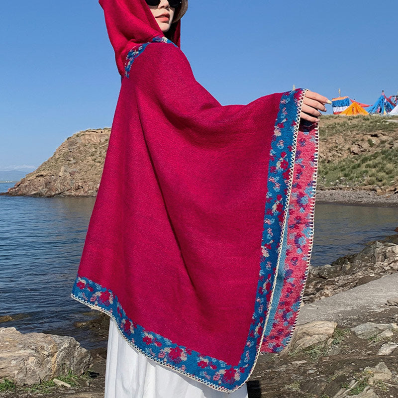 Tibetan Shawl Border Small Floral Flower Hooded Cloak Winter Cozy Travel Scarf Wrap