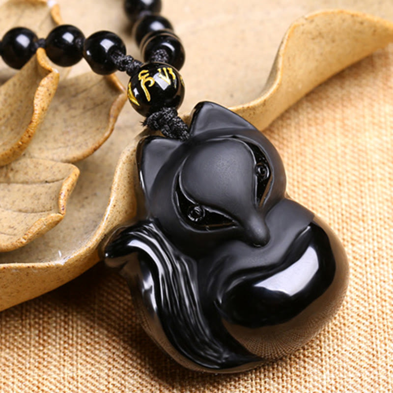 Natural Black Obsidian Tiger Eye Ice Obsidian Fox Pendant Amulet Necklace