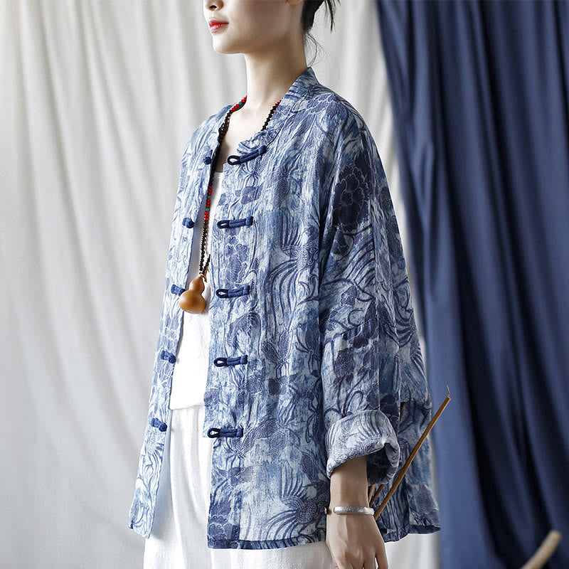 Ramie Linen Floral Stand Collar Meditation Jacket Shirt