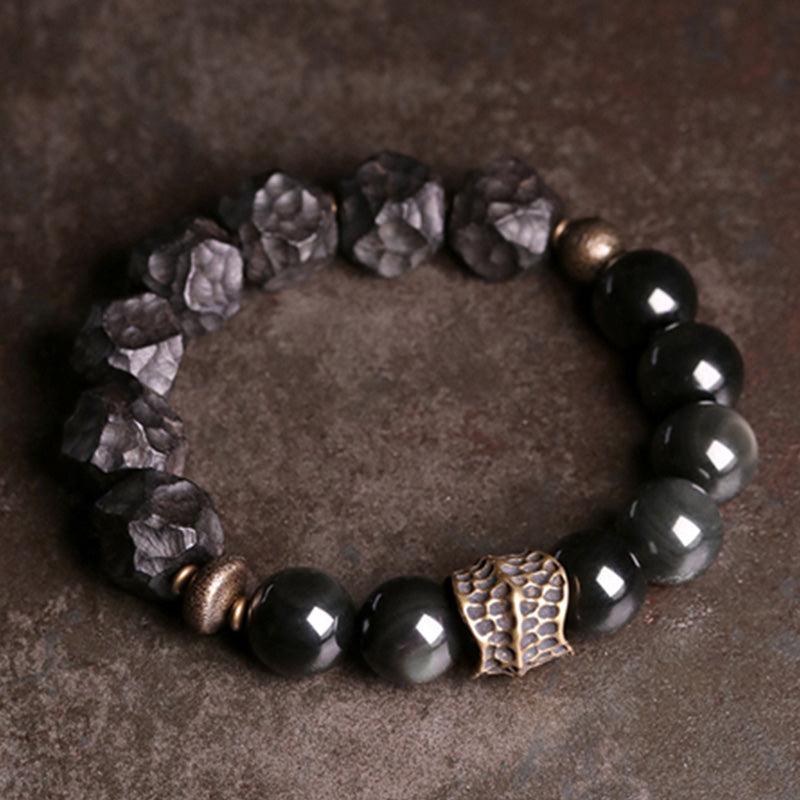 Handcrafted Black Obsidian Ebony Wood & Copper Strength Couple Bracelet