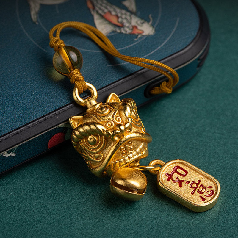 Dancing Guardian Lion Brass Copper Phone Charm with Ping An Kou & Ruyi Symbols