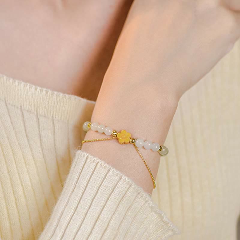 925 Sterling Silver Natural Hetian Jade Peach Blossom Luck Chain Bracelet
