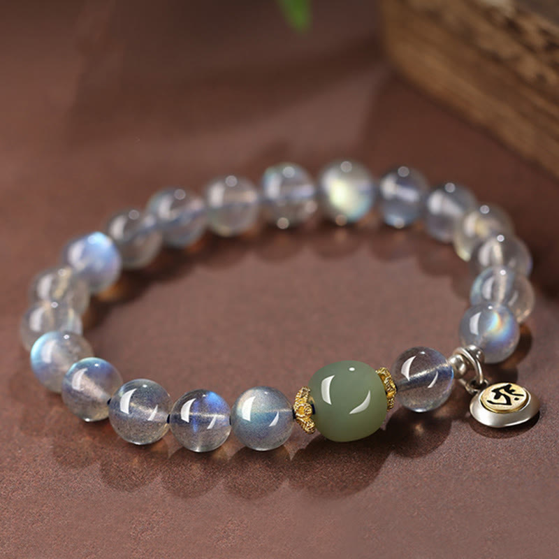 Chinese Zodiac Natal Buddha 925 Sterling Silver Natural Moonstone Hetian Jade Positive Bracelet