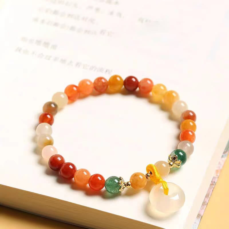 14K Gold Plated Golden Silk Jade and Green Strawberry Quartz Ping An Kou Bracelet