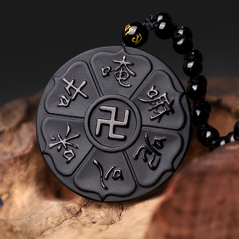 Natural Black Obsidian Tibetan Om Mani Padme Hum Buddha Swastika Luck Necklace Pendant