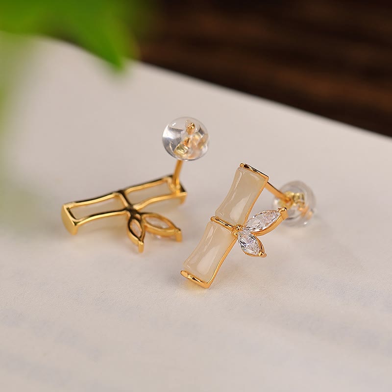 Gold Plated 925 Sterling Silver Bamboo Pattern Jade and Agate Stud Earrings