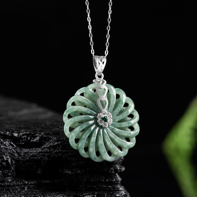 925 Sterling Silver Natural Round Jade Peace Buckle Abundance Necklace Pendant