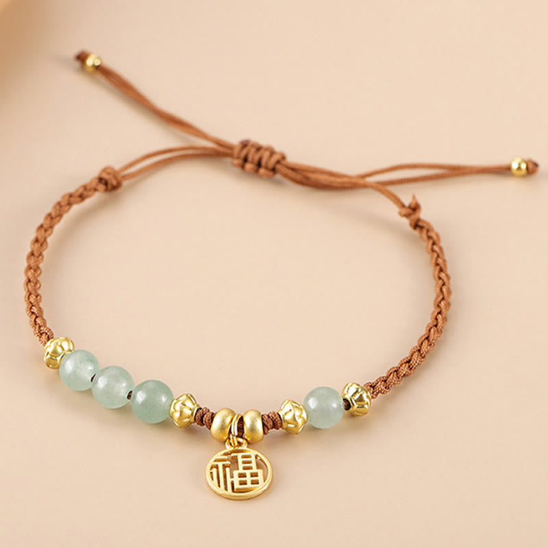 Jade Beads Fu Character Blessing Rope Bracelet