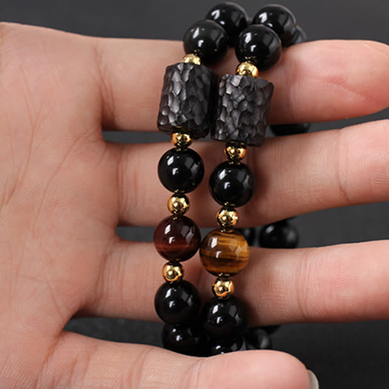 Ebony Wood & Black Obsidian Gold Sterling Silver Tiger Eye Beaded Couple Bracelet