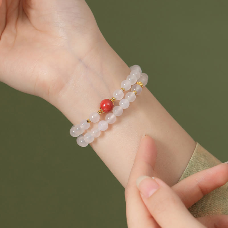 Natural White Agate and Cinnabar 925 Sterling Silver Double Wrap Bracelet