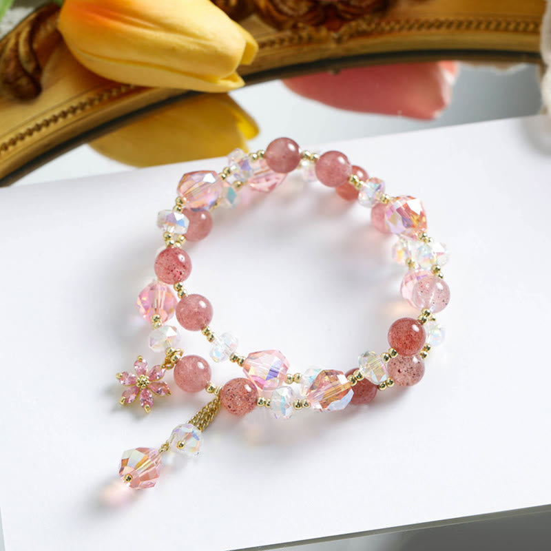 Strawberry Quartz Zircon Flower Healing Double Wrap Bracelet