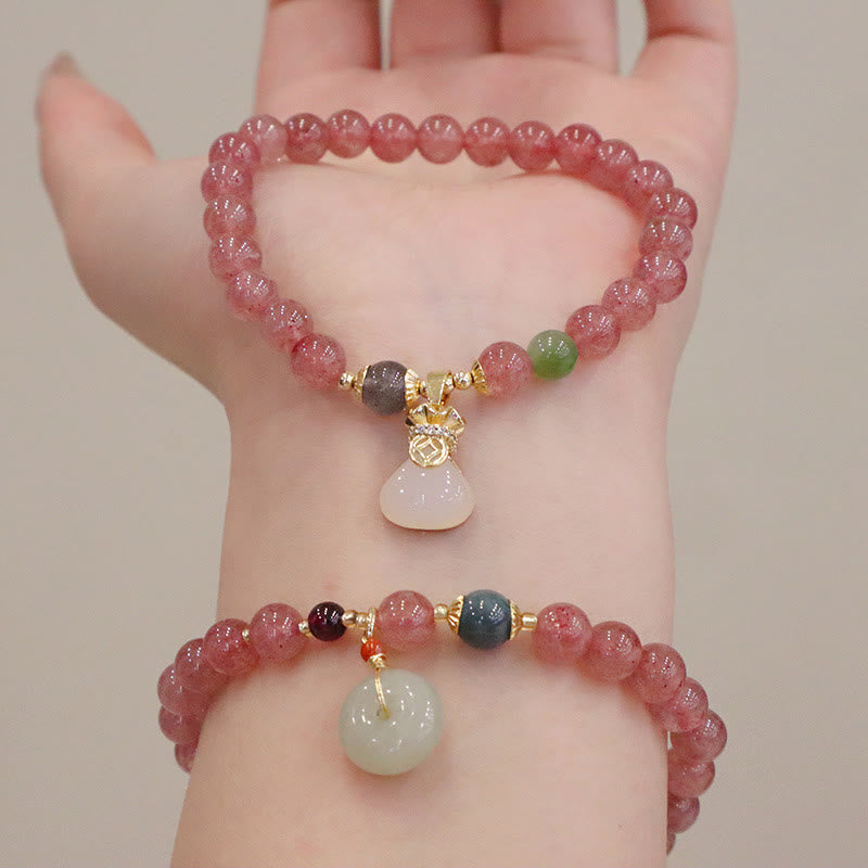 Natural Hetian Jade & Strawberry Quartz Beaded Bracelet with Clear Quartz