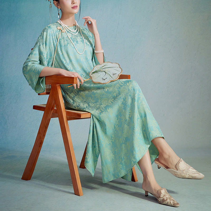 Small Flower Leaf Jacquard Chinese Cheongsam Qipao Midi Dress With Pockets