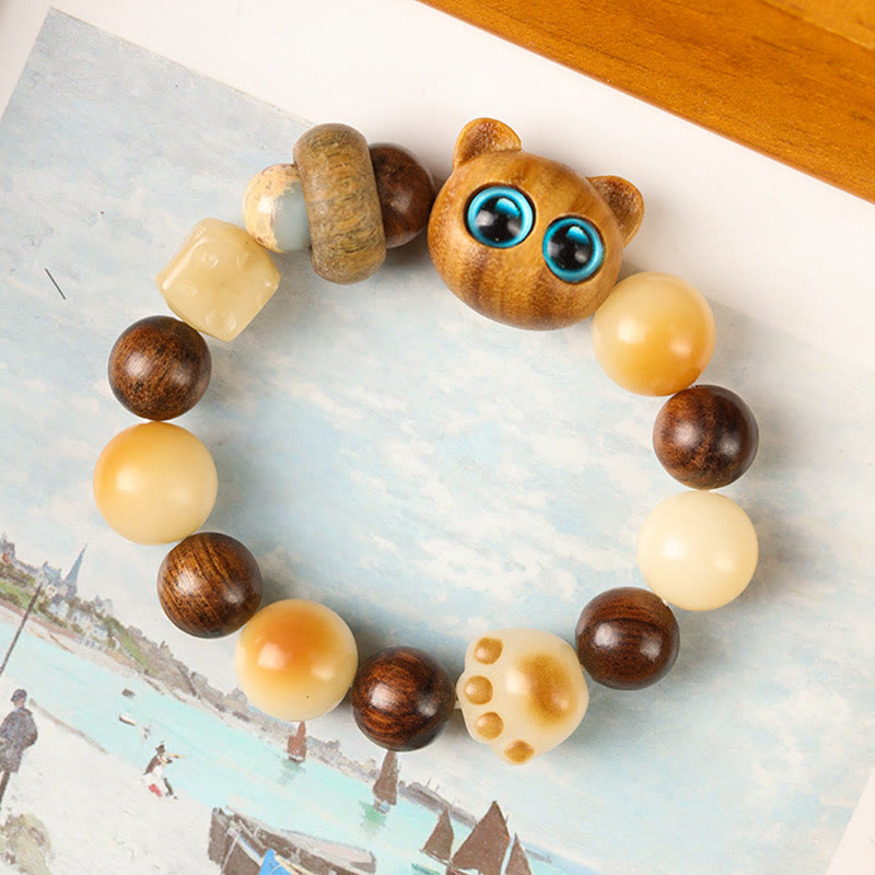 Natural Bodhi Seed Sandalwood Lucky Cute Cat Head Paw Claw Peace Bracelet