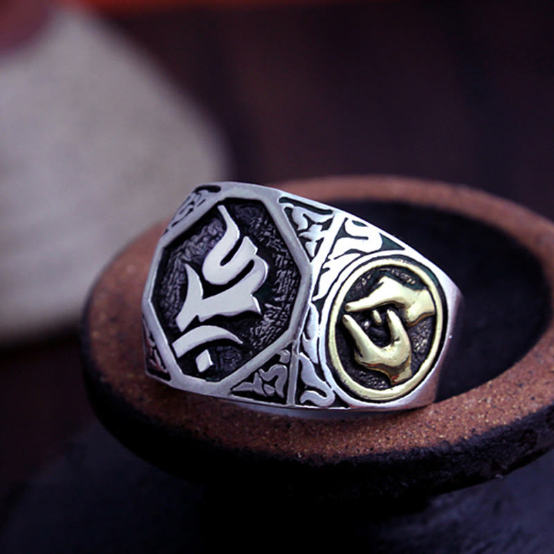 925 Sterling Silver Sanskrit Design Carved Protection Adjustable Ring