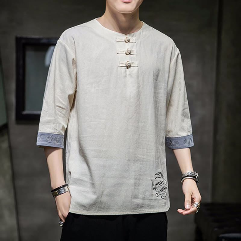 Frog-Button Dragon Embroidery Chinese Tang Suit Three Quarter Sleeve Shirt Cotton Linen Men Clothing